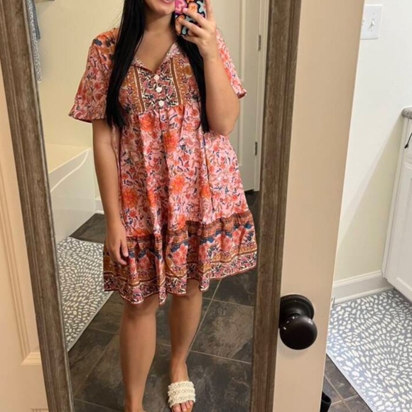 Floral Print Pink Red Flowy Loose Fitting Short Sleeve Mini Dress Neck Ties - Picture 13 of 16